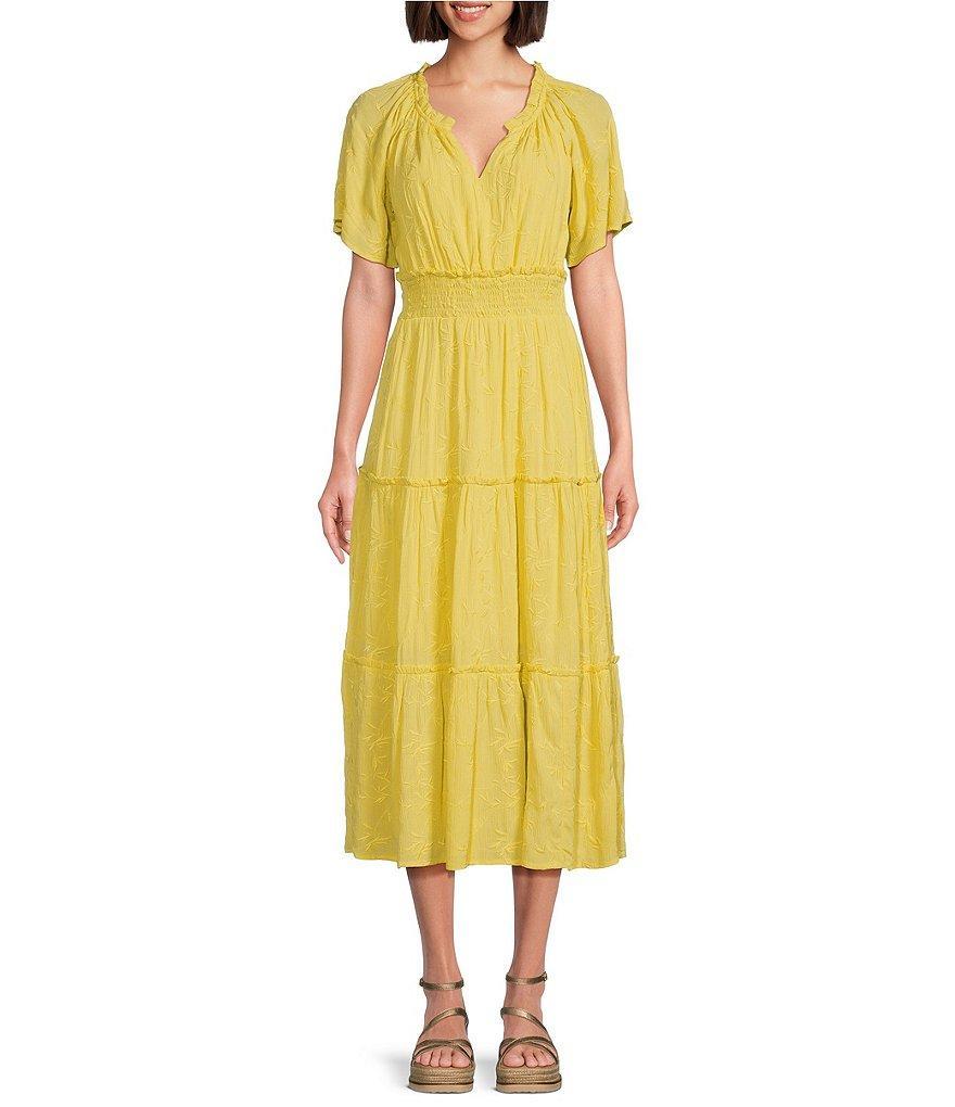 Nurture by Westbound Petite Size Flutter Sleeve Smocked Waist Tiered Midi Dress Product Image