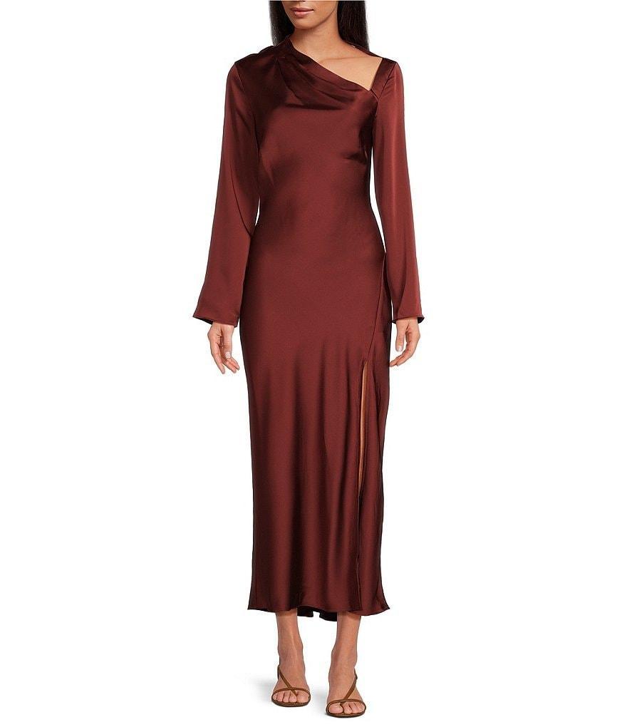 ASTR the Label Catriona Satin Asymmetrical Boat Neck Long Sleeve Maxi Dress Product Image