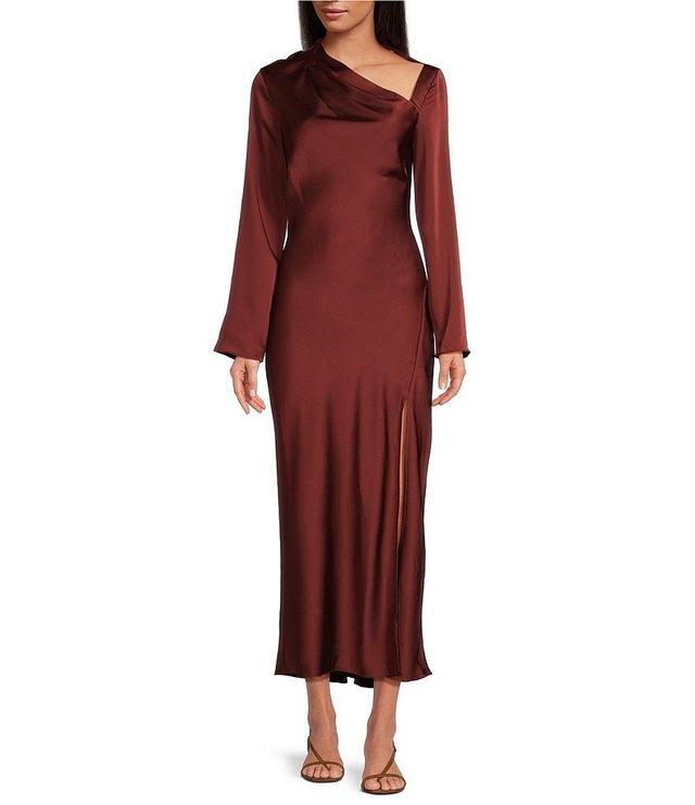 ASTR the Label Catriona Satin Asymmetrical Boat Neck Long Sleeve Maxi Dress Product Image