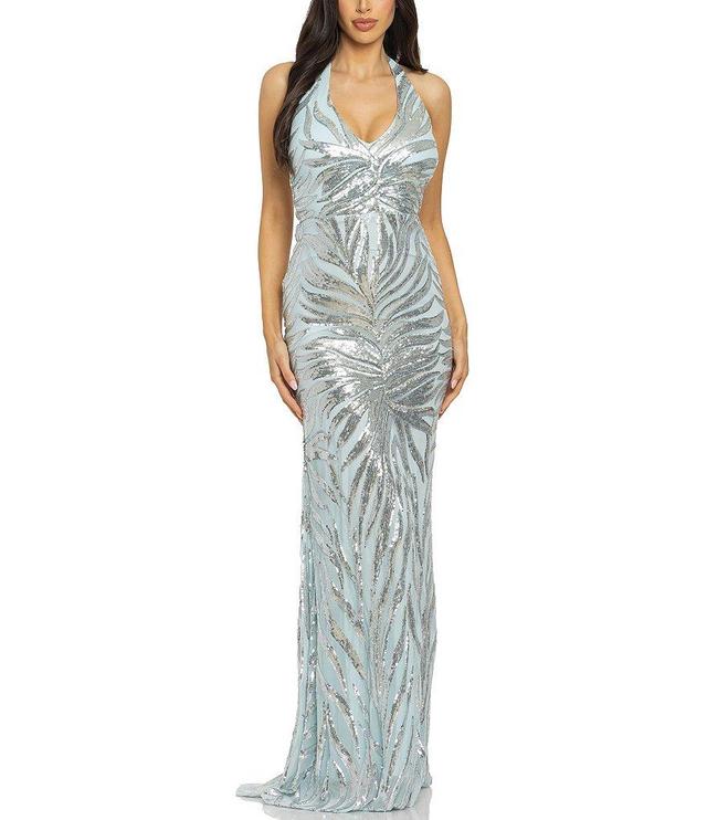 B. Darlin Pattern Sequin Halter V-Neck Long Gown Product Image