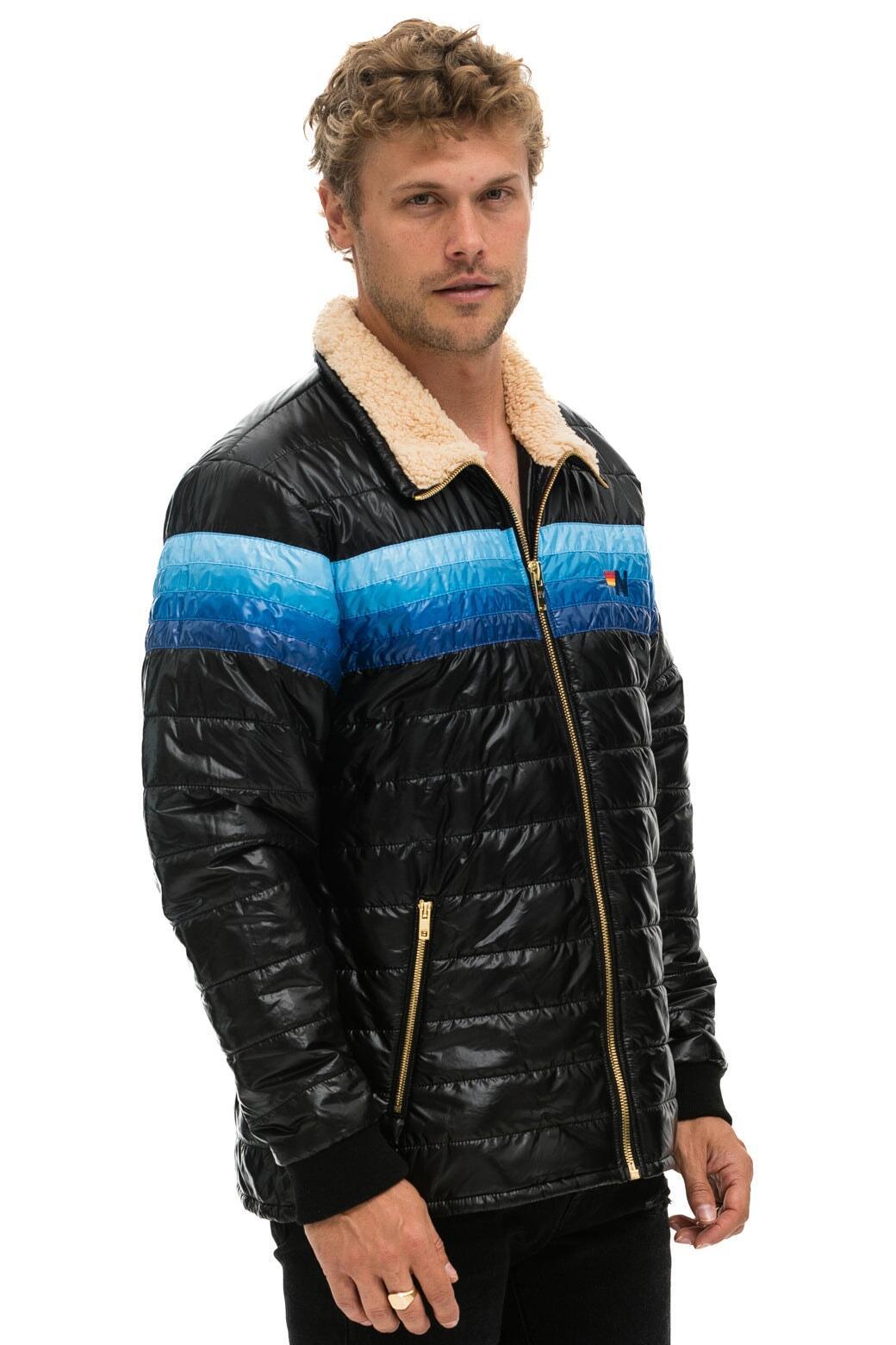 4 STRIPE RAINBOW SLEEVE JACKET -  GLOSSY BLACK // BLUE Male Product Image