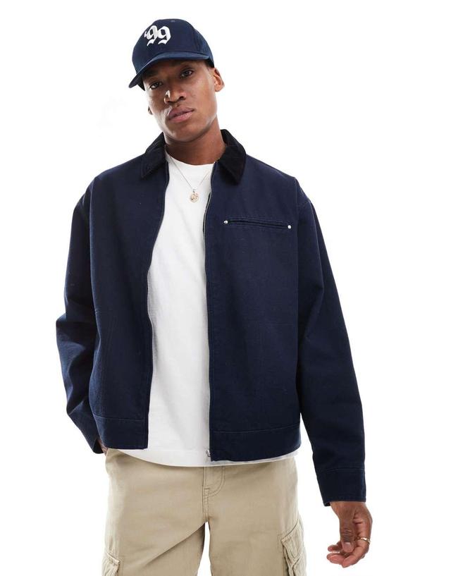 ASOS DESIGN oversized harrington jacket with cord collar in navy Product Image