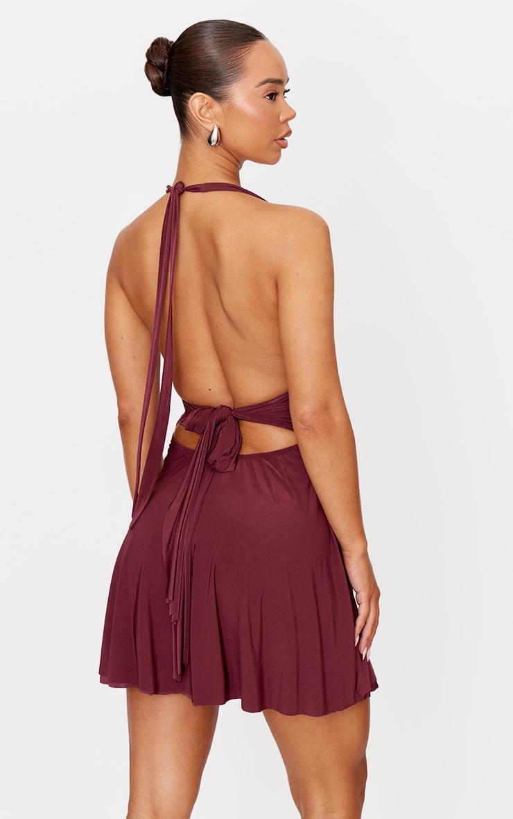 Burgundy Double Layer Slinky Halter Neck Tie Back Shift Dress Product Image