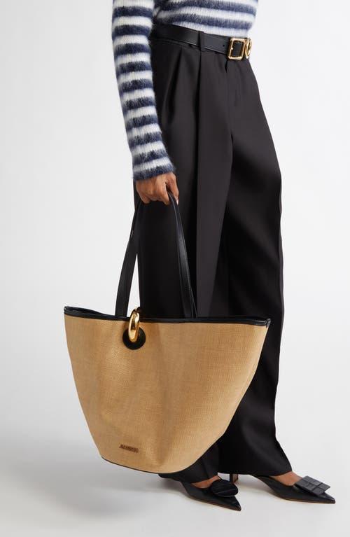 JACQUEMUS Le Bambola Asymmetric Embellished Leather-trimmed Faux Raffia Tote In Ivory,black Product Image