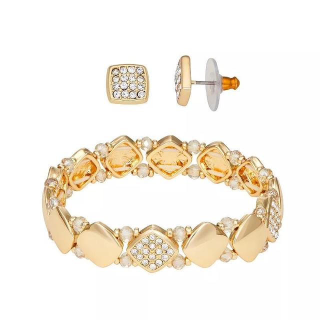 Nine West Gold Tone Crystal Navette Bracelet & Stud Earring Set, Womens Product Image