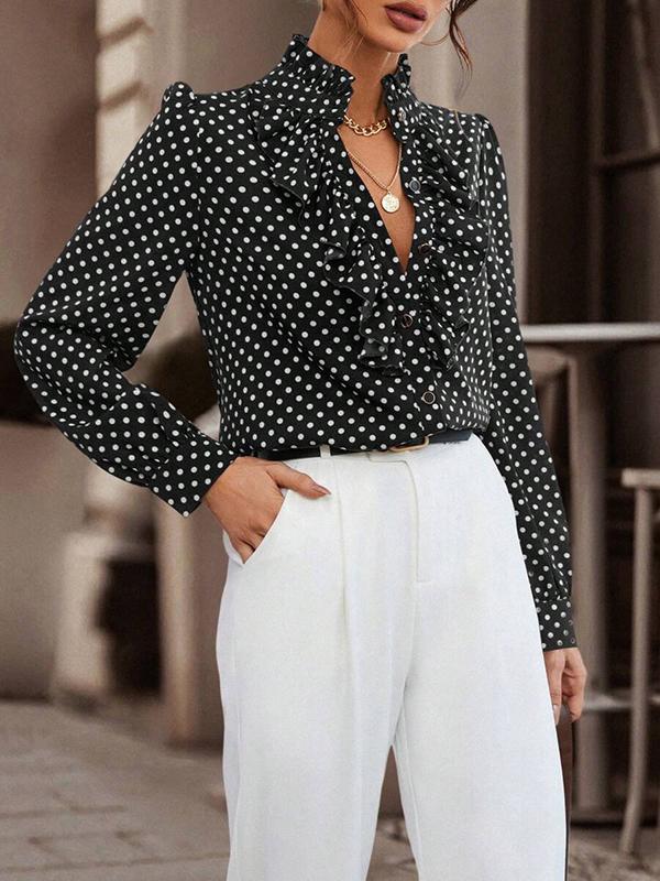 Loose Puff Sleeves Floral Pleated Polka-Dot Split-Joint Stand Collar Blouses Product Image