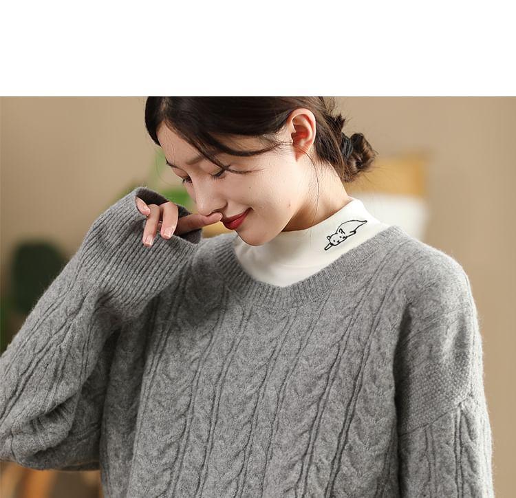 Crew Neck Plain Cable-Knit Sweater Product Image