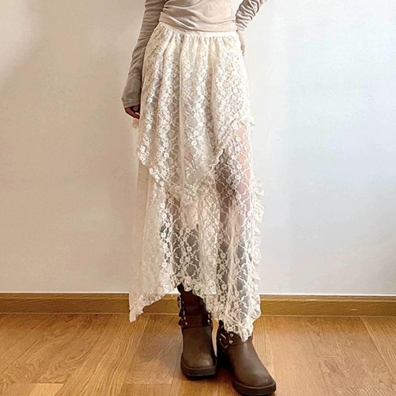 Elastic Waist Asymmetrical Lace Midi A-Line Skirt / String Belt Product Image