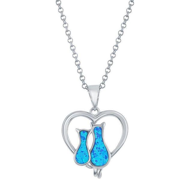 Sterling Silver Lab-Created Blue Opal Cats In Heart Necklace, Womens Product Image