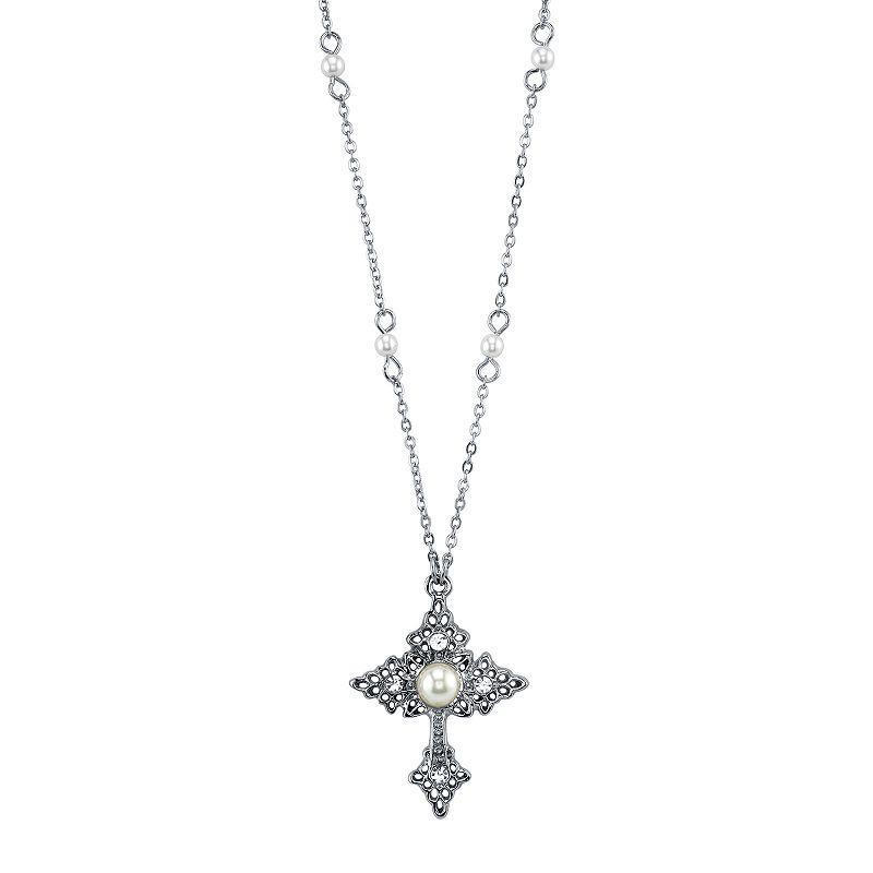 1928 Simulated Pearl Cross Pendant Necklace, Womens Silver Tone Product Image