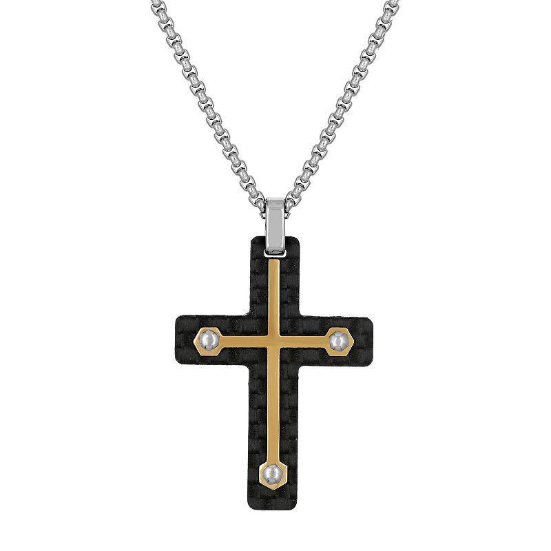 LYNX Mens Gold Tone Stainless Steel Carbon Fiber Cross Pendant Necklace Multicolor Product Image