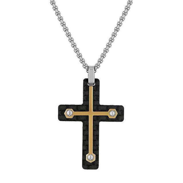 LYNX Mens Gold Tone Stainless Steel Carbon Fiber Cross Pendant Necklace Product Image