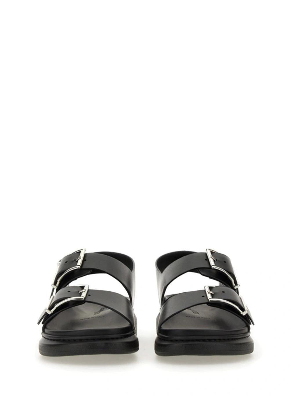 Leather Sandals With Maxi Buckles In Black/silver Product Image