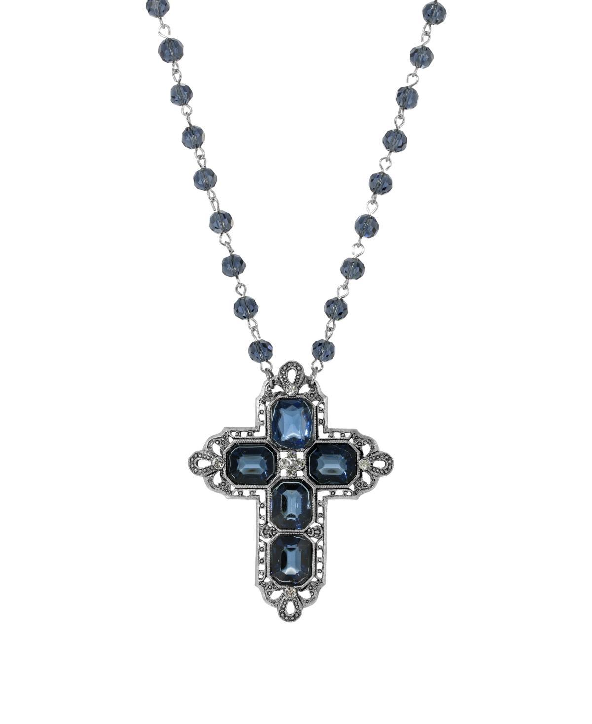 2028 Womens Pewter Rectangle Sapphire Blue Color Crystal Cross Beaded Necklace Product Image