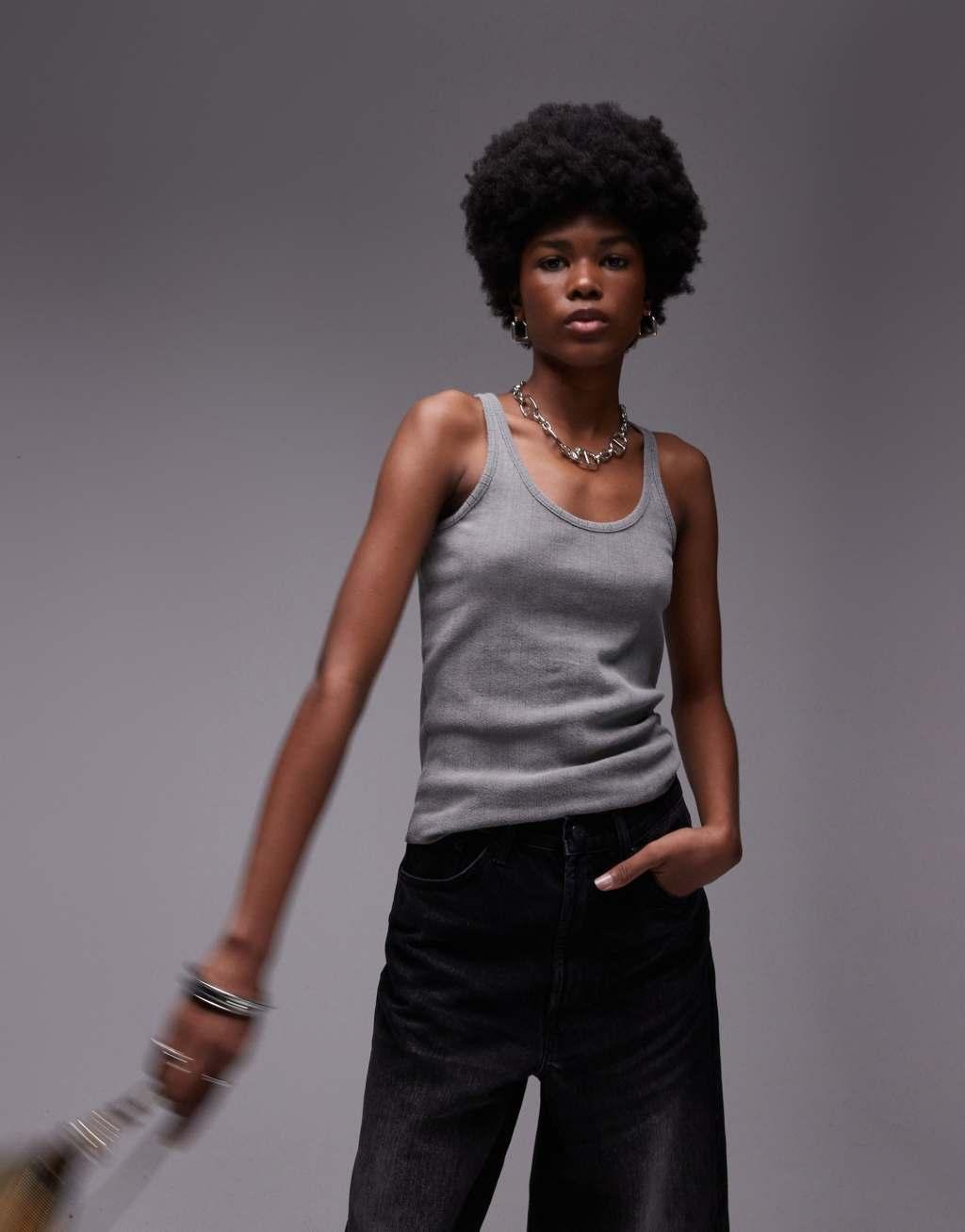 Topshop acid wash pointelle tank in charcoal Product Image