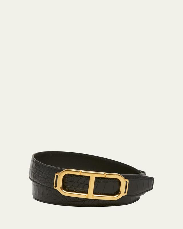 Mens Croc-Effect Leather Stadium T-Buckle Belt Product Image