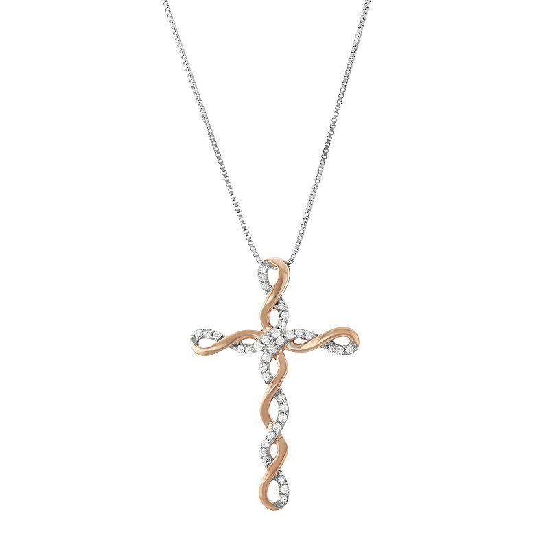 Two Tone Sterling Silver 1/5 Carat T.W. Diamond Cross Pendant Necklace, Womens White Product Image