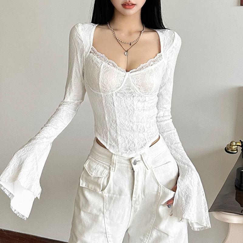 Flared-Cuff Sweetheart-Neckline Lace Top Product Image