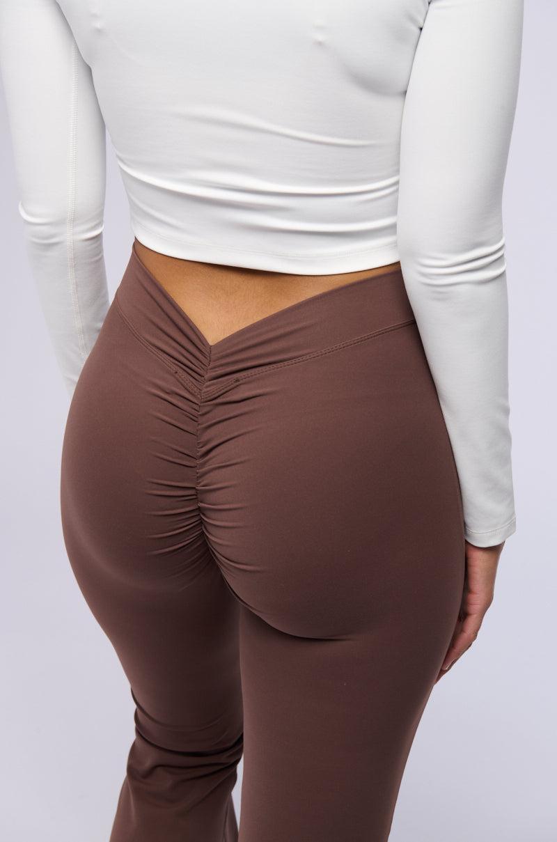 ON THE RUN RUCHED BACK FLARE LEGGING IN BROWN Product Image