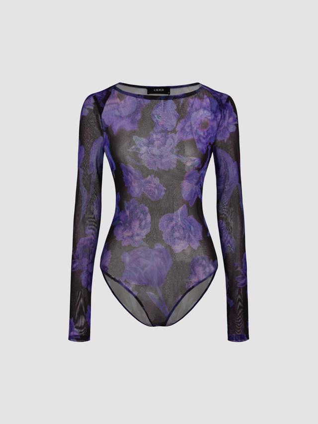 Boat Neck Floral See-Through Long Sleeve Bodysuit Product Image