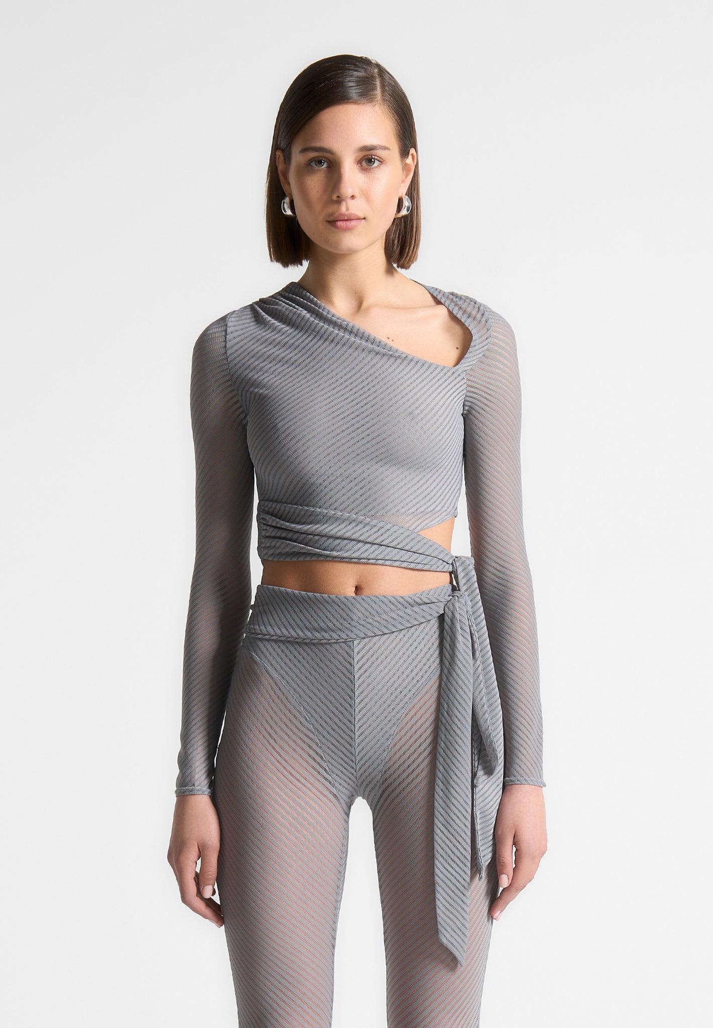 Ribbed Sheer Top with Tie - Grey Female Product Image