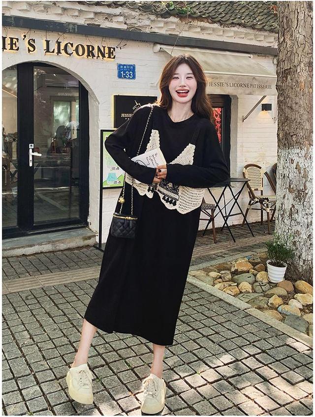 Long-Sleeve Round Neck Mock Two-Piece Patterned Knit Panel Midi Tunic Dress Product Image