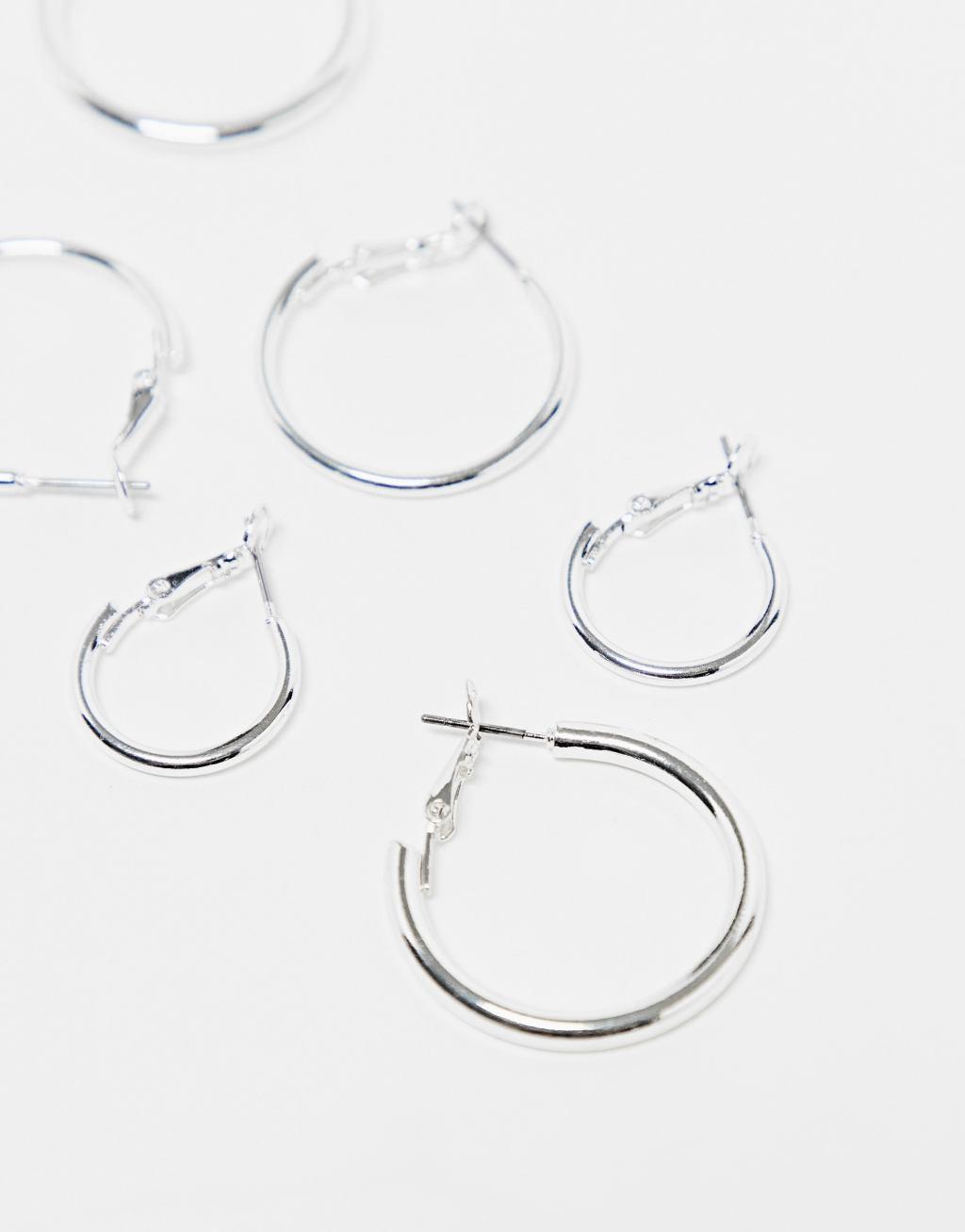 Monki 3 pack hoop earrings in silver Product Image