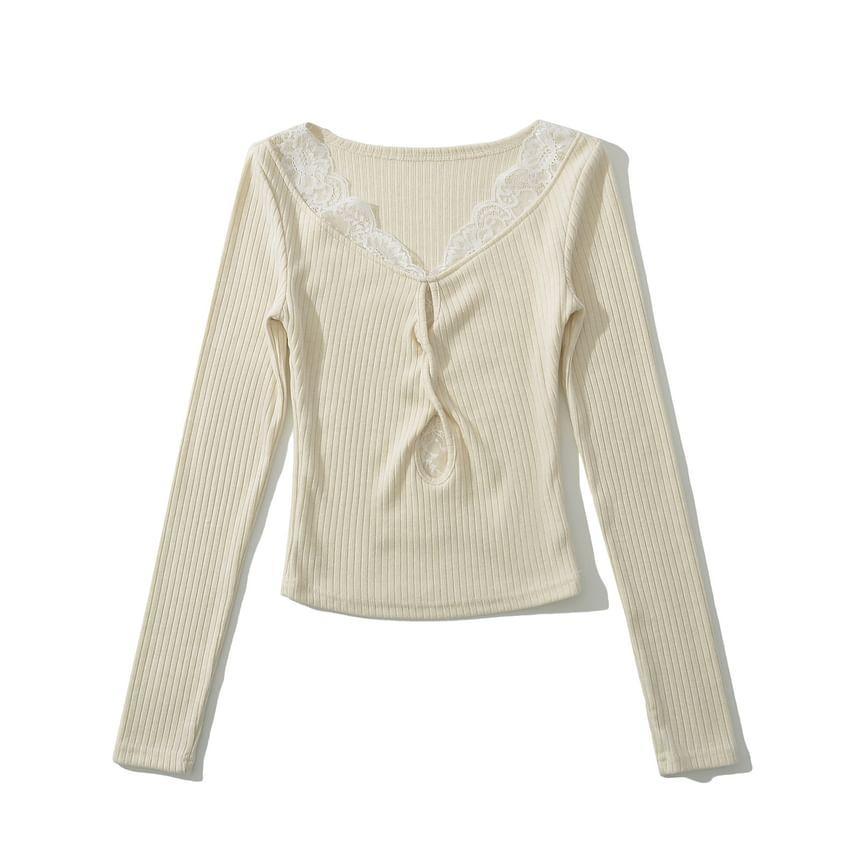 Long-Sleeve Scoop Neck Plain Ribbed Lace Trim Keyhole Knit Top Product Image