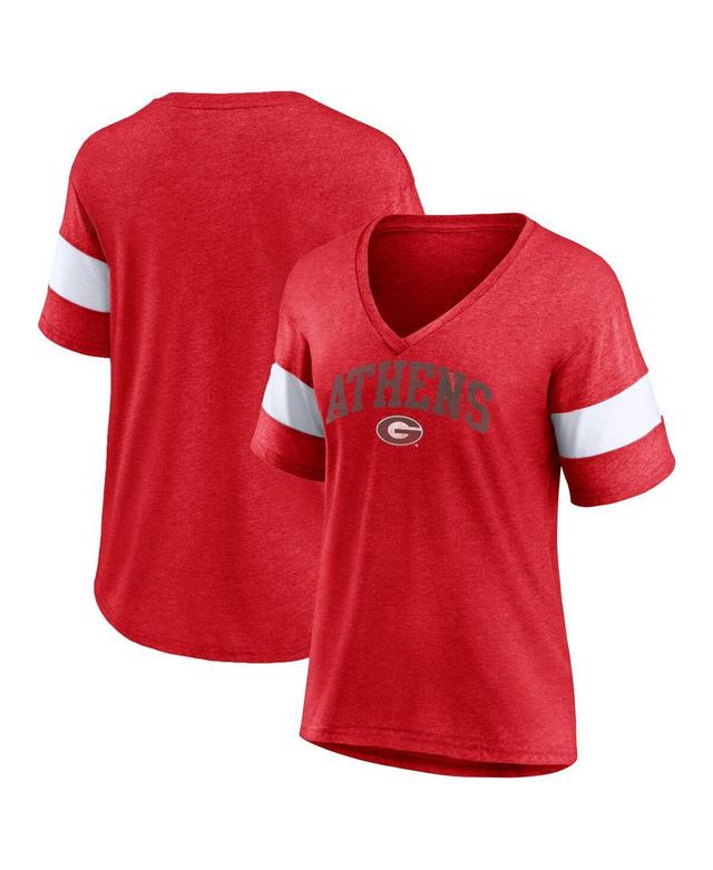 Womens Profile Heather Red Georgia Bulldogs Plus Size Arched City Sleeve Stripe V-Neck T-shirt Product Image