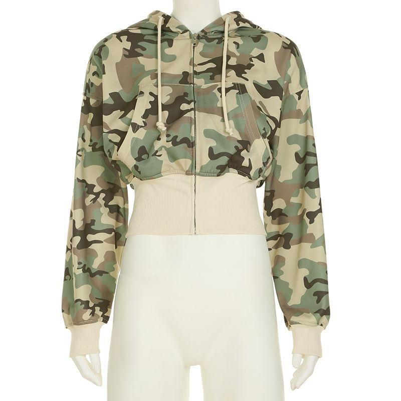 Set: Camouflage Zip-Up Hoodie + Drawstring Sweatpants Product Image