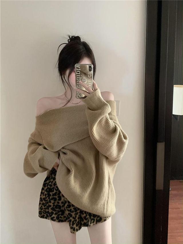 Off-Shoulder Plain Ribbed Oversized Sweater / Mid Rise Leopard Print Hot Pants Product Image