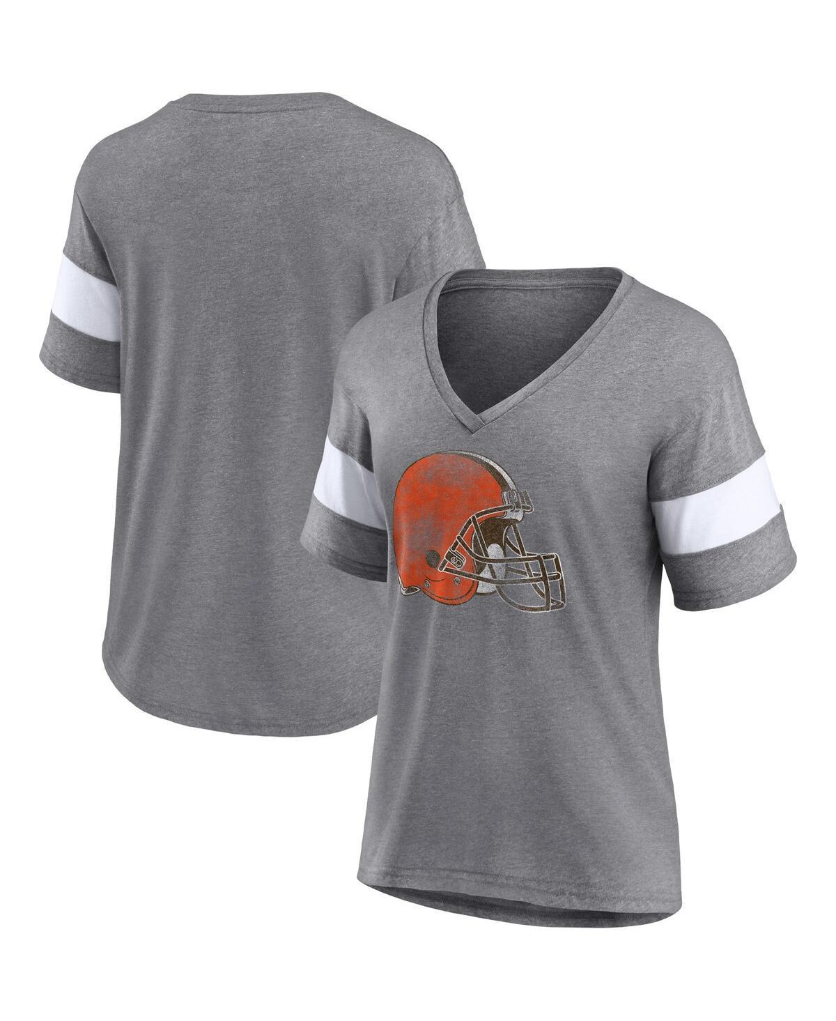 Womens Fanatics Branded Heathered Gray/White Cleveland Browns Distressed Team Tri-Blend V-Neck T-Shirt Product Image