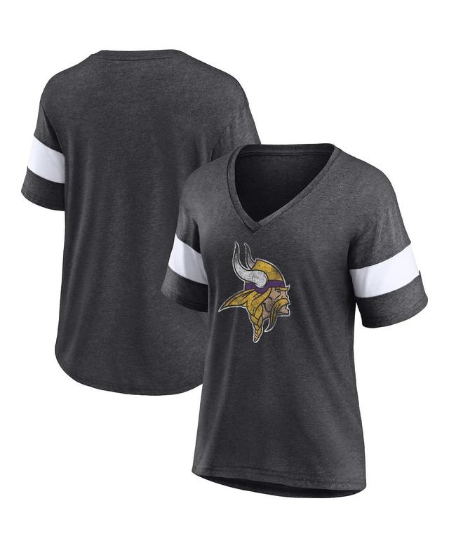 Womens Fanatics Heathered Charcoal Minnesota Vikings Distressed Team Tri-Blend V-Neck T-shirt - Heathered Charcoal Product Image