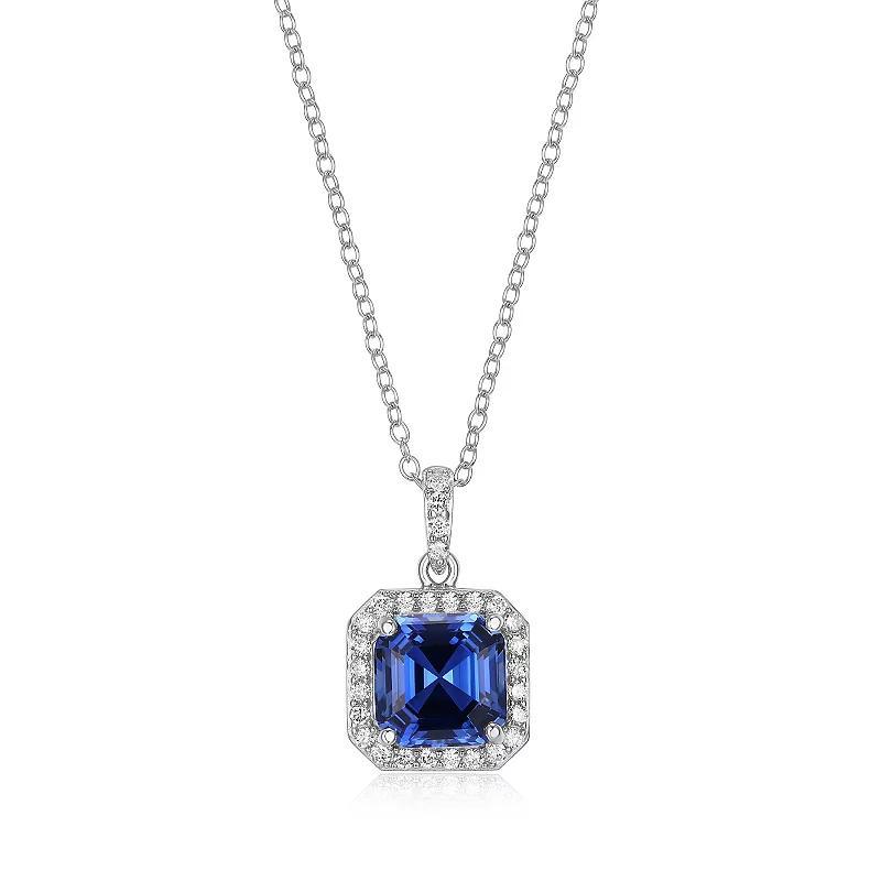 Rhodium Plated Sterling Silver Sapphire Lab-Grown Diamond Pendant Necklace, Womens Product Image