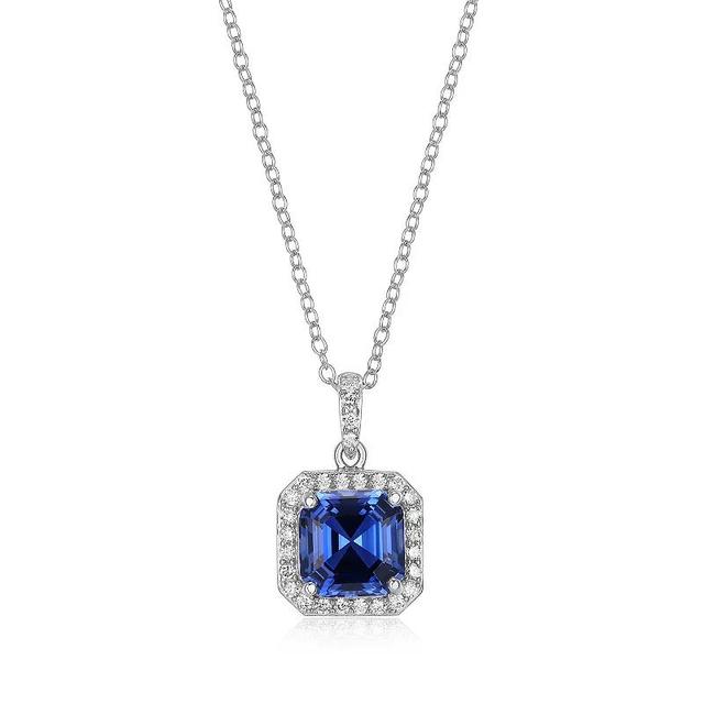 Rhodium Plated Sterling Silver Sapphire Lab-Grown Diamond Pendant Necklace, Womens Product Image