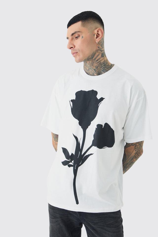 Tall Mono Placement Floral Graphic T-shirt In White | boohooMAN USA Product Image