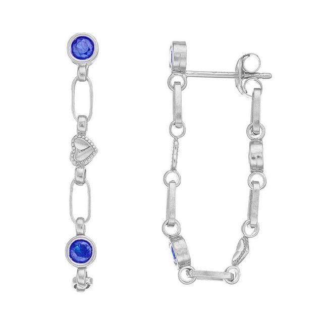 Kristen Kesho Sterling Silver Lab-Created Sapphire Front-to-Back Heart Link Chain Hoop Earrings, Womens, Grey Product Image