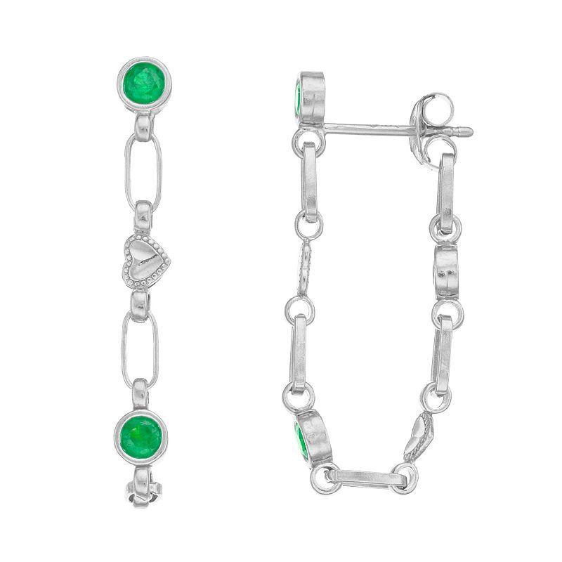 Kristen Kesho Sterling Silver Lab-Created Emerald Front-to-Back Heart Link Chain Hoop Earrings, Womens, Grey Product Image