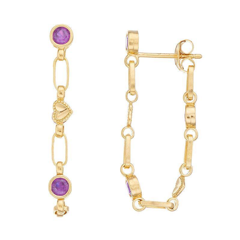 Kristen Kesho Sterling Silver Lab-Created Amethyst Front-to-Back Heart Link Chain Hoop Earrings, Womens, Gold Tone Product Image