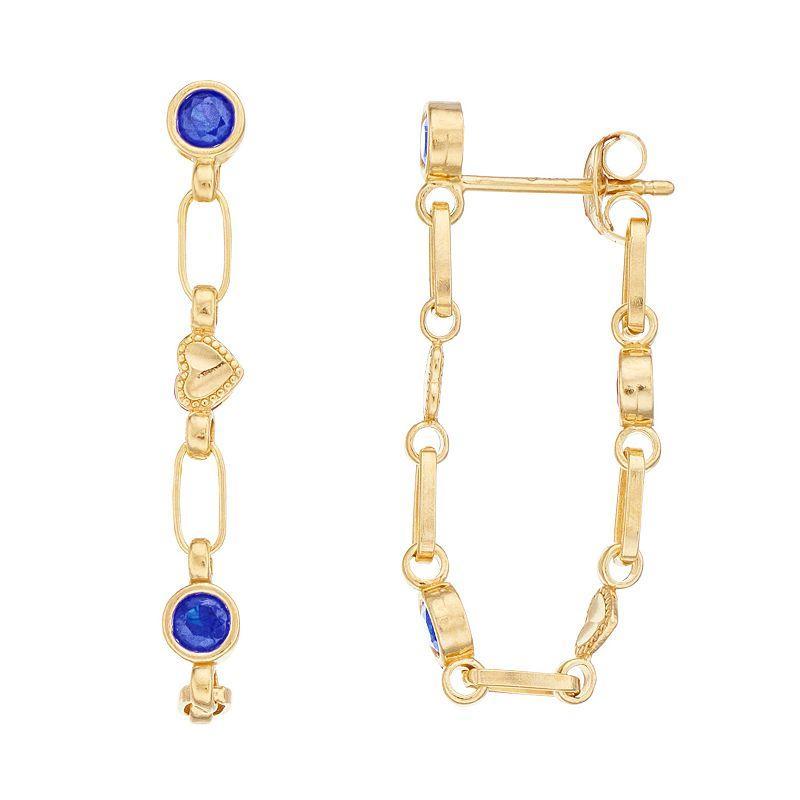 Kristen Kesho Sterling Silver Lab-Created Sapphire Front-to-Back Heart Link Chain Hoop Earrings, Womens, Yellow Product Image