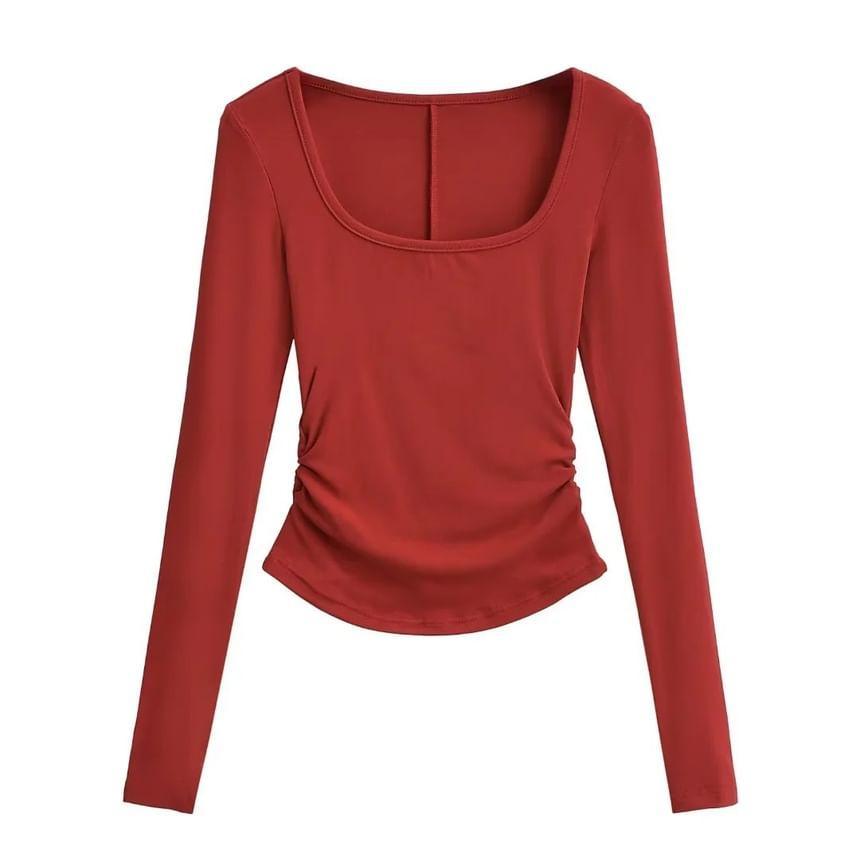 Long Sleeve Square Neck Plain Ruched Crop T-Shirt Product Image