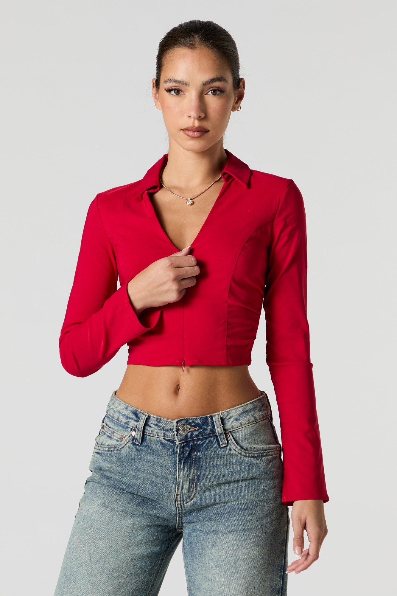 Zip-Up Collared Long Sleeve Crop Top Female Product Image