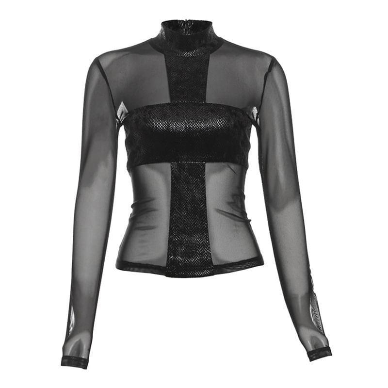 Long-Sleeve Mock Neck Mesh Crop Top Product Image