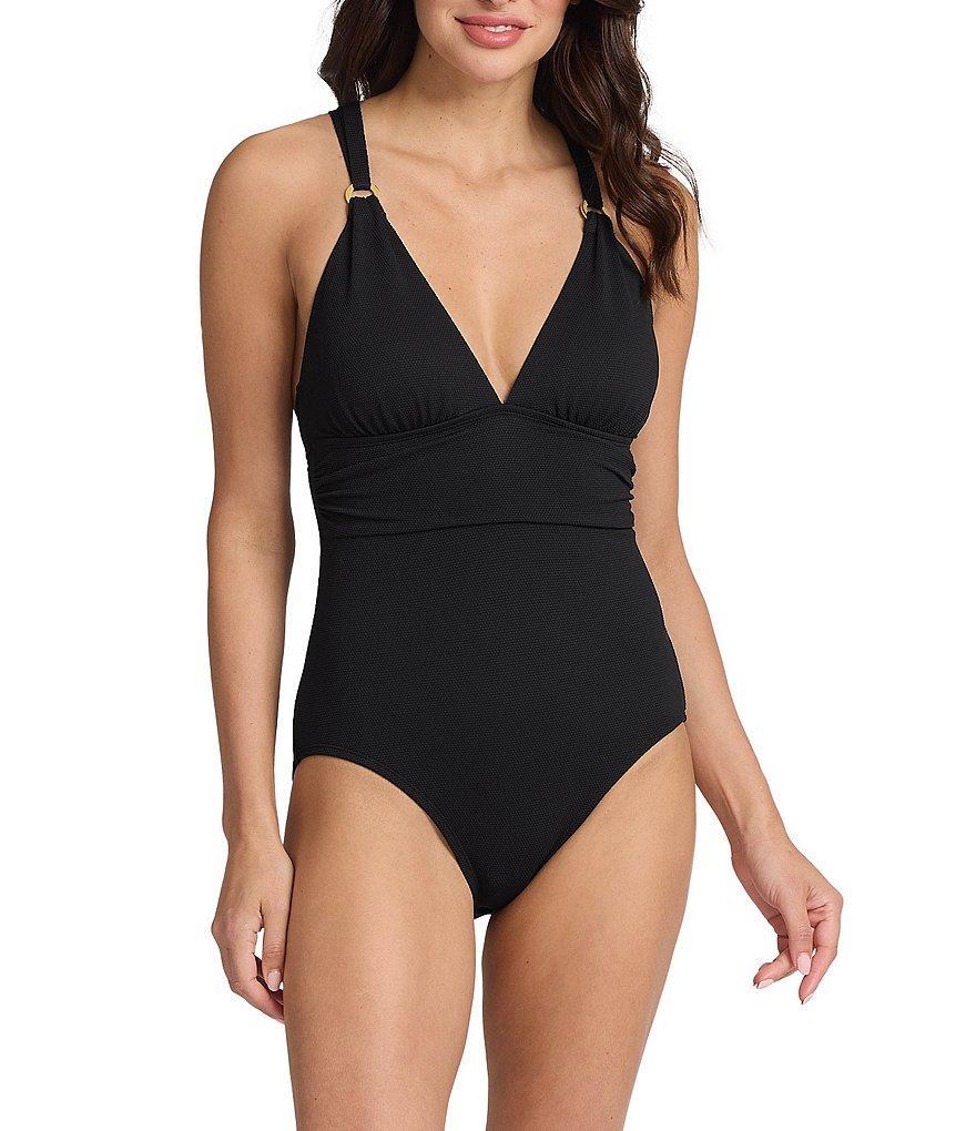 Tommy Bahama Island Cays Solid Texture V-Neck Tummy Control One Piece Swimsuit Product Image