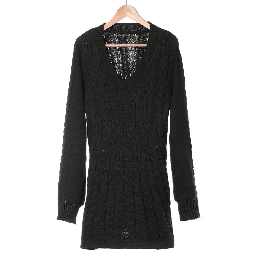 Long-Sleeve V-Neck Plain Cable Knit Mini A-Line Sweater Dress Product Image