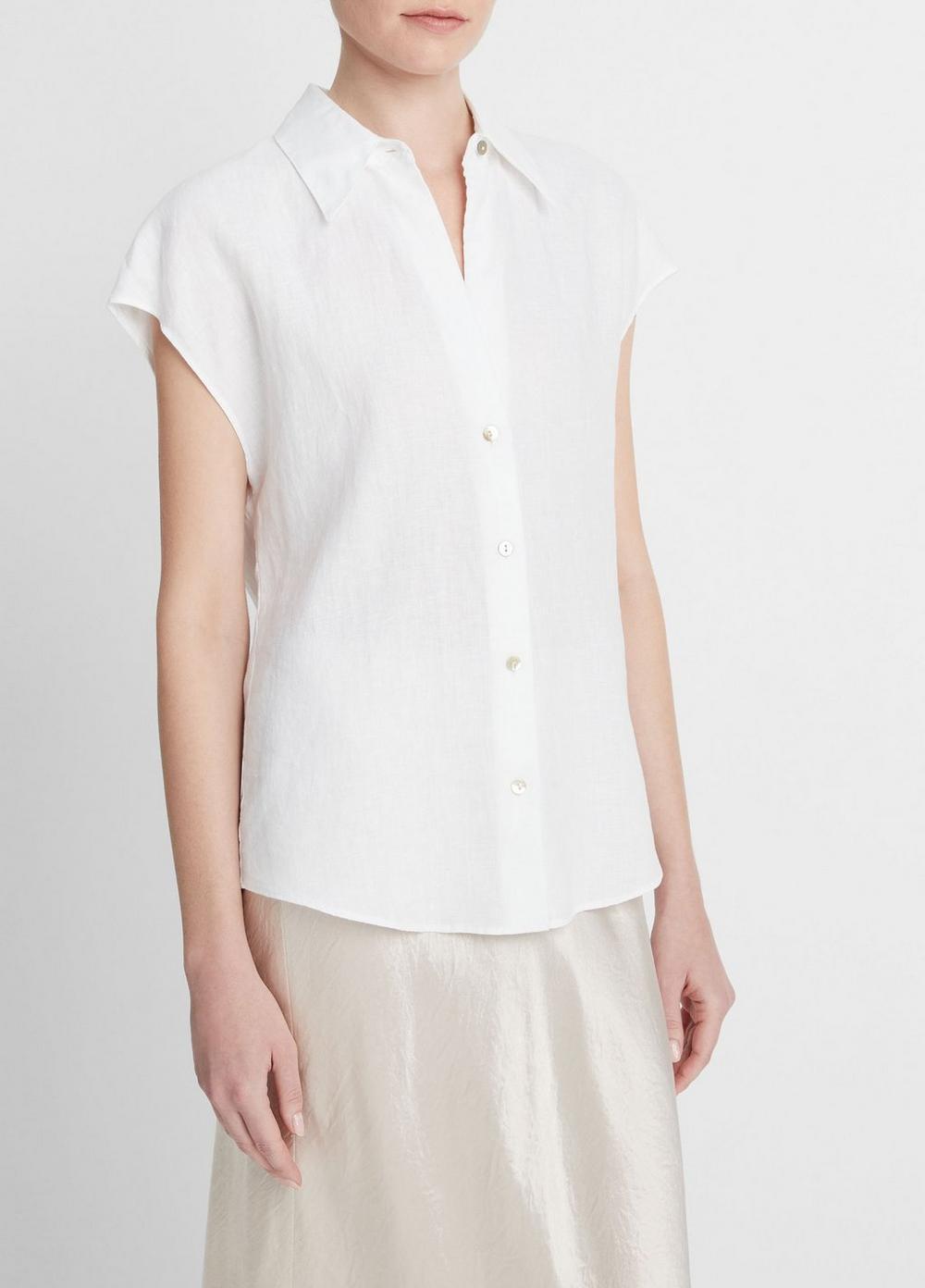 Linen Cap-Sleeve Button-Front Blouse Product Image