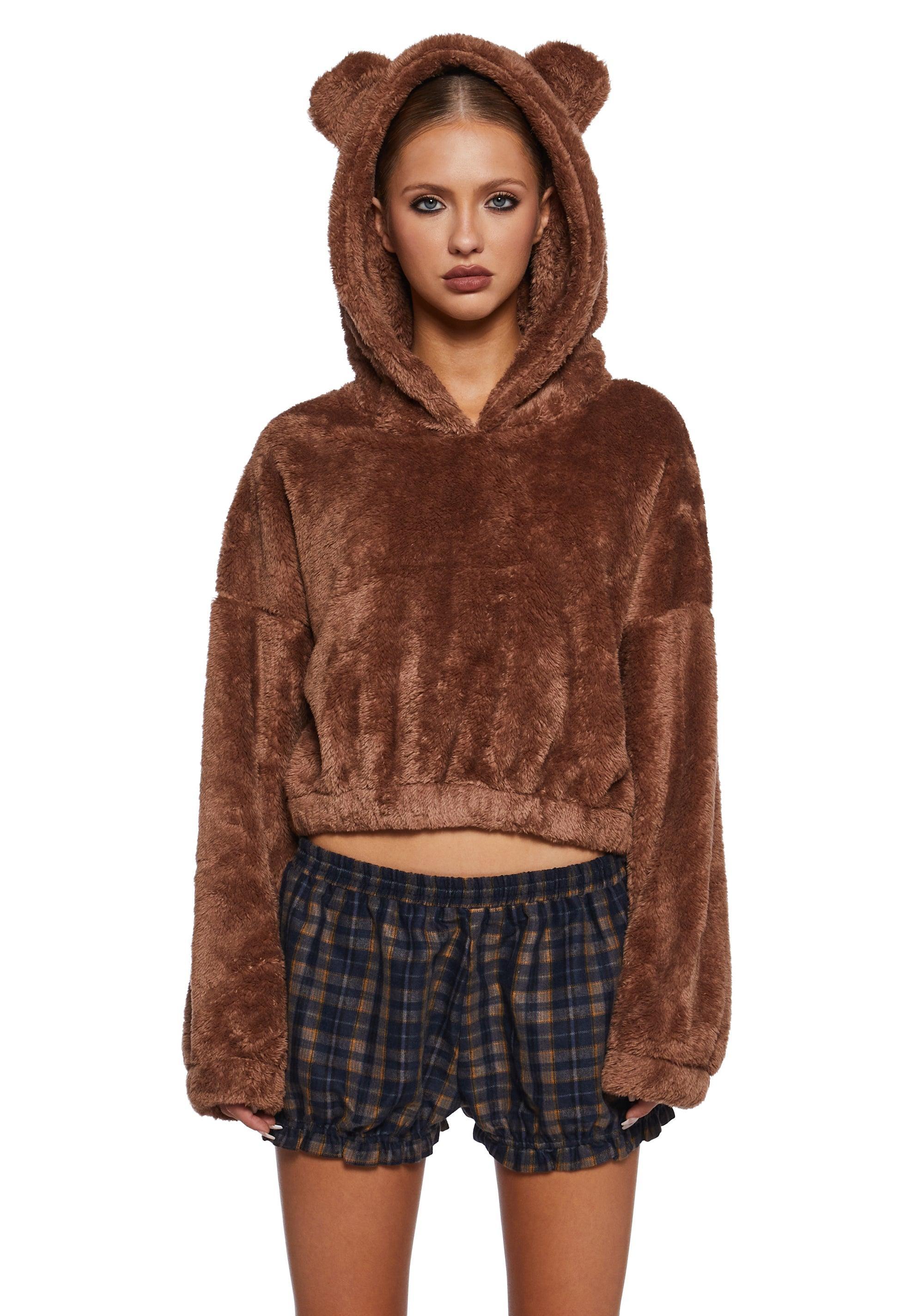 Cozy Fuzzy Faux Fur Cropped Bear Pullover Hoodie - Brown Product Image