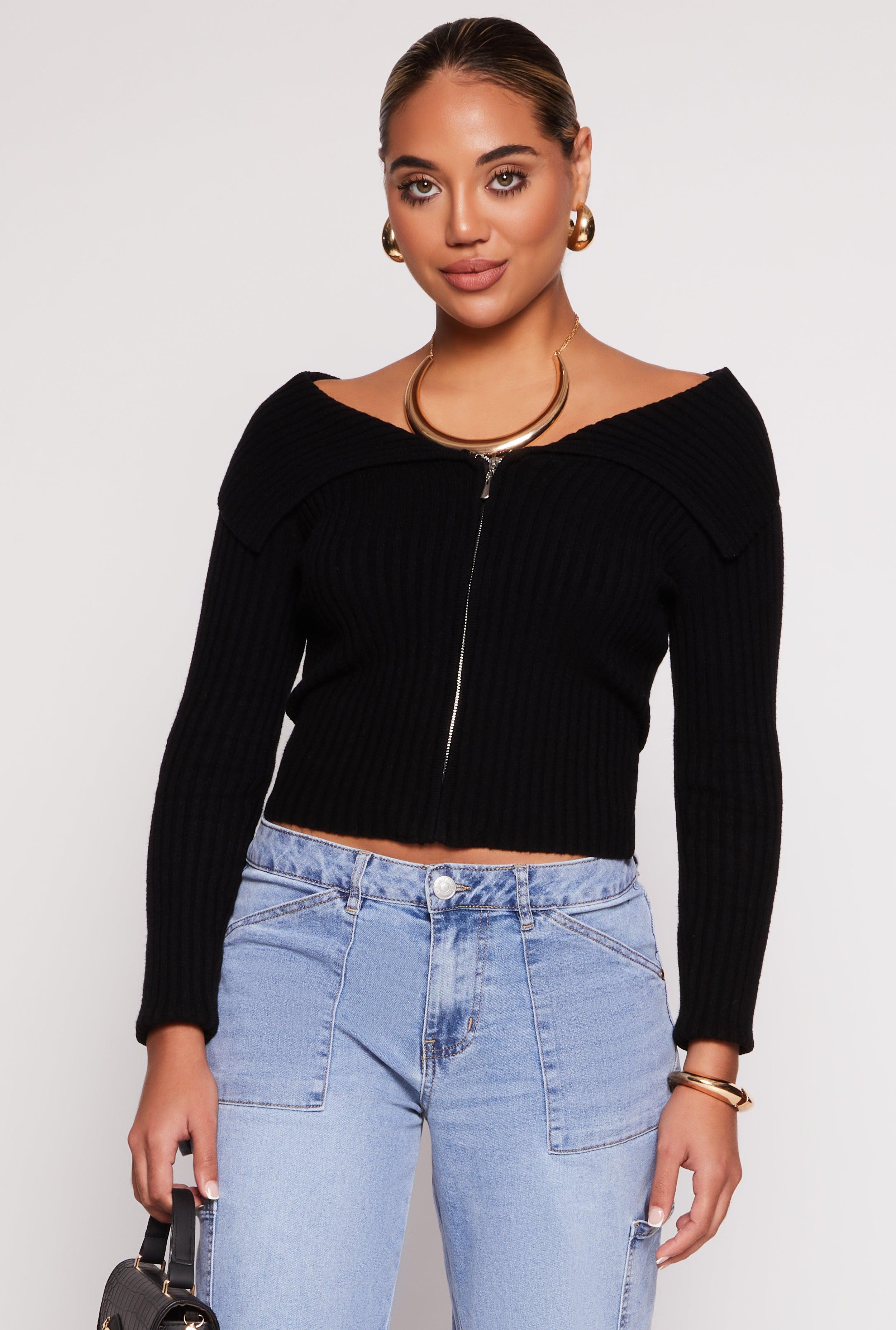 Womens Madden Girl Ribbed Zip Front Off The Shoulder Top Product Image