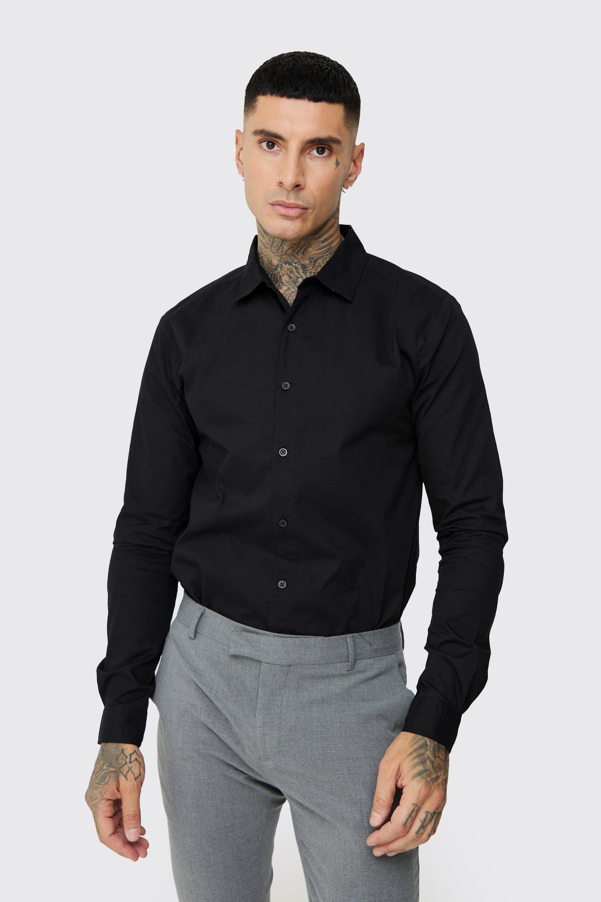 Tall Poplin Shirt In Black | boohooMAN USA Product Image