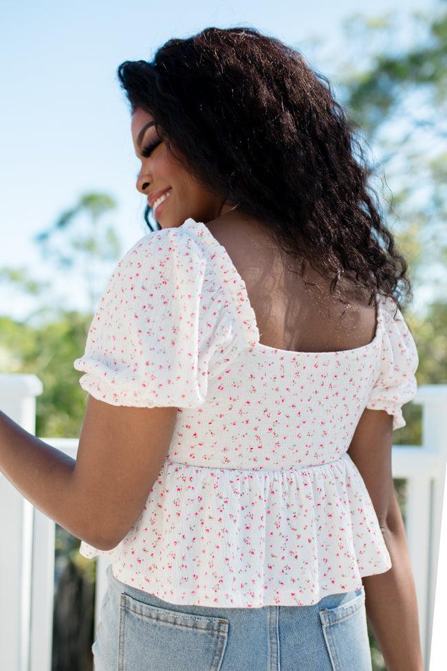 Big Feelings Ivory and Pink Floral Cinched Bust Knit Top Product Image